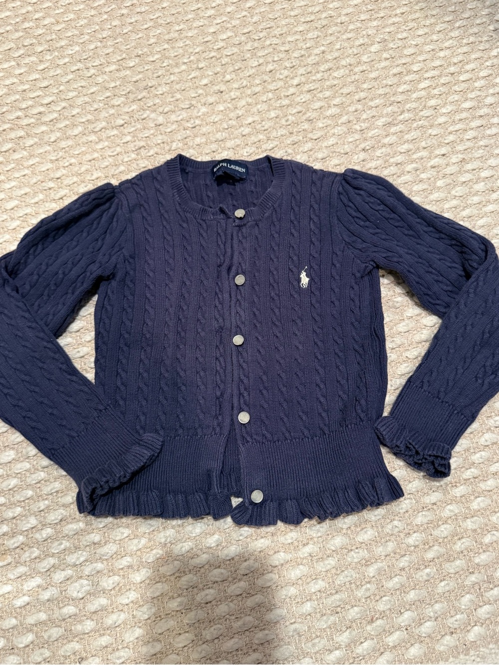 Ralph Lauren Navy Cable Ruffle Hem Cardigan